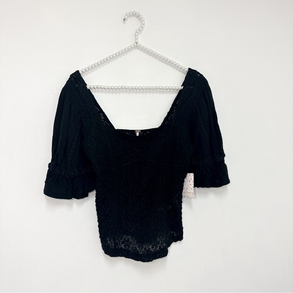 Free People Spring Fling Lace Short Sleeve Top in Black - Picture 2 of 6